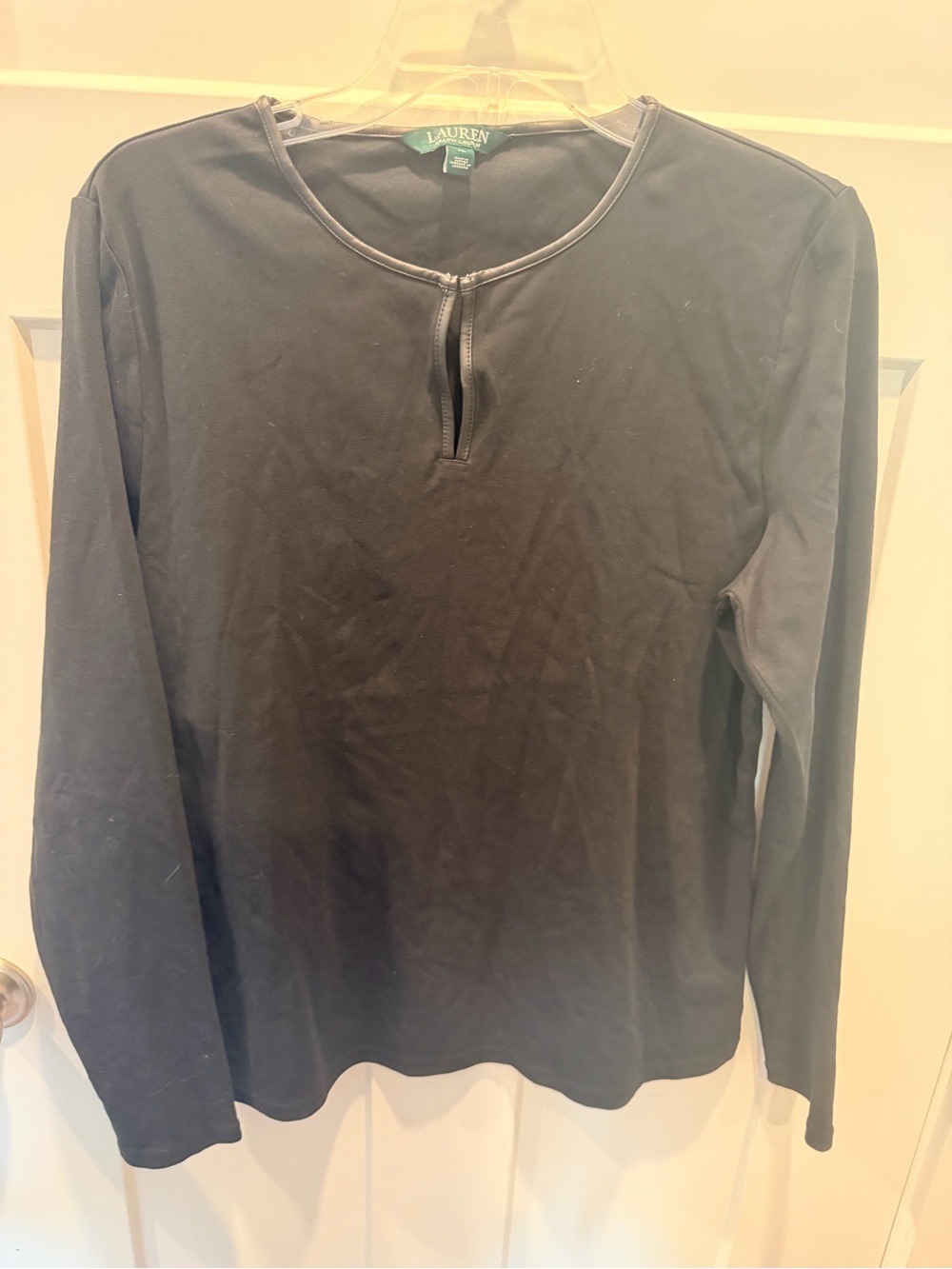 Lauren Ralph Lauren Black Keyhole Faux Leather Trim Top Size XL